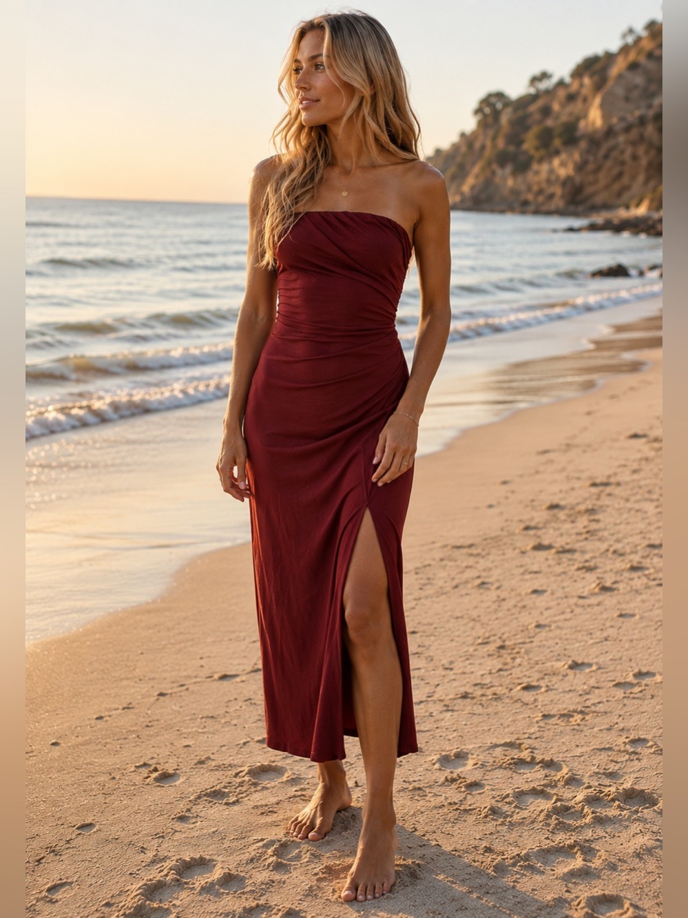 Free People Haley Strapless Midi Dress – Acorn Brown Slit Jersey Maxi – XS